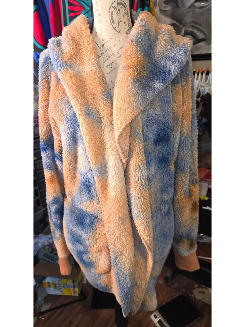 Hem & Thread Hooded Sherpa Cardigan Jacket Tie-Dye Blue Orange Open Front Womens